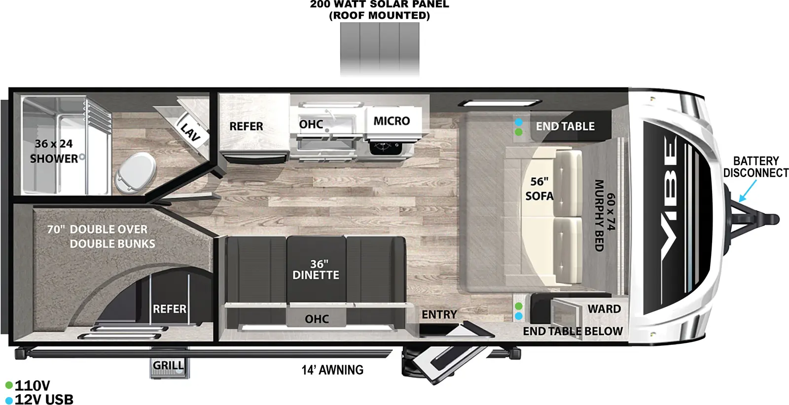 The Vibe West 17DB floorplan has one entry and zero slide outs. Exterior features include: fiberglass exterior, 14' awning and outside kitchen. Interiors features include: bunk beds and murphy bed.